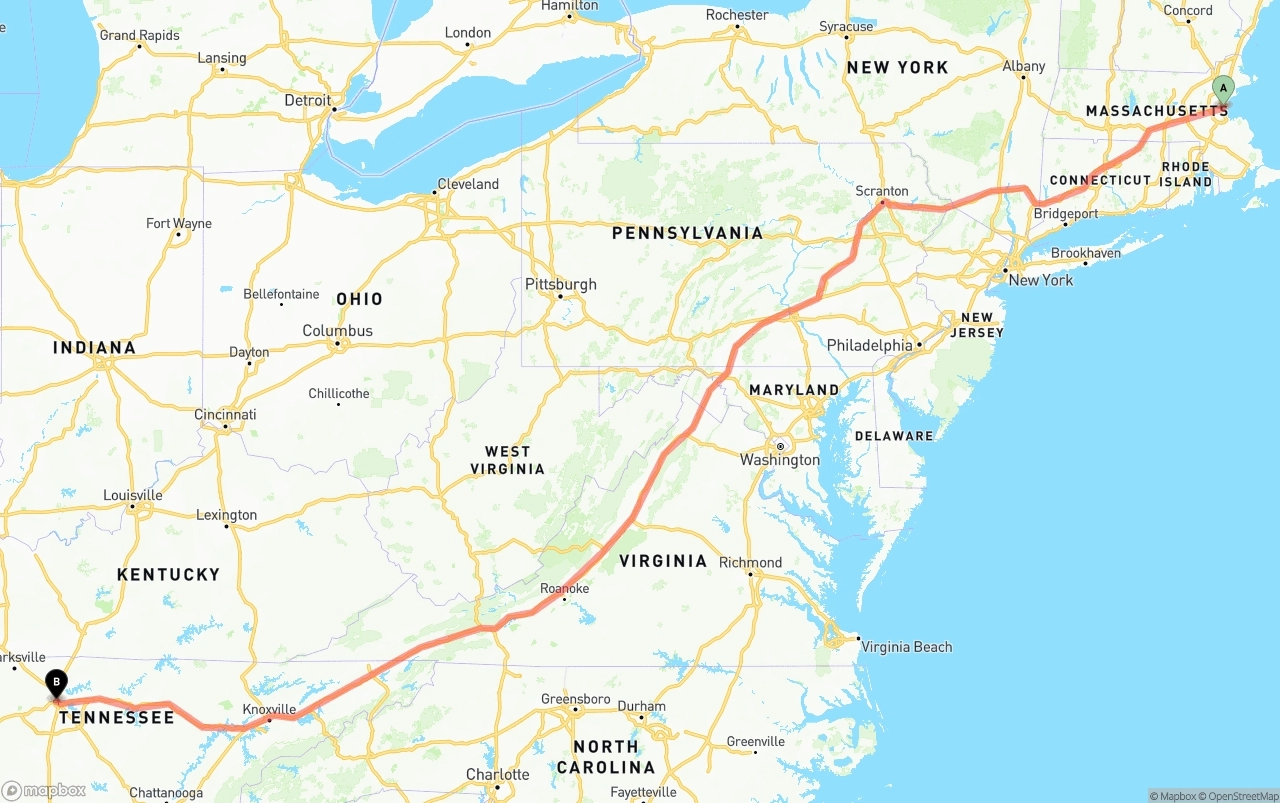 Shipping route from Boston to Nashville