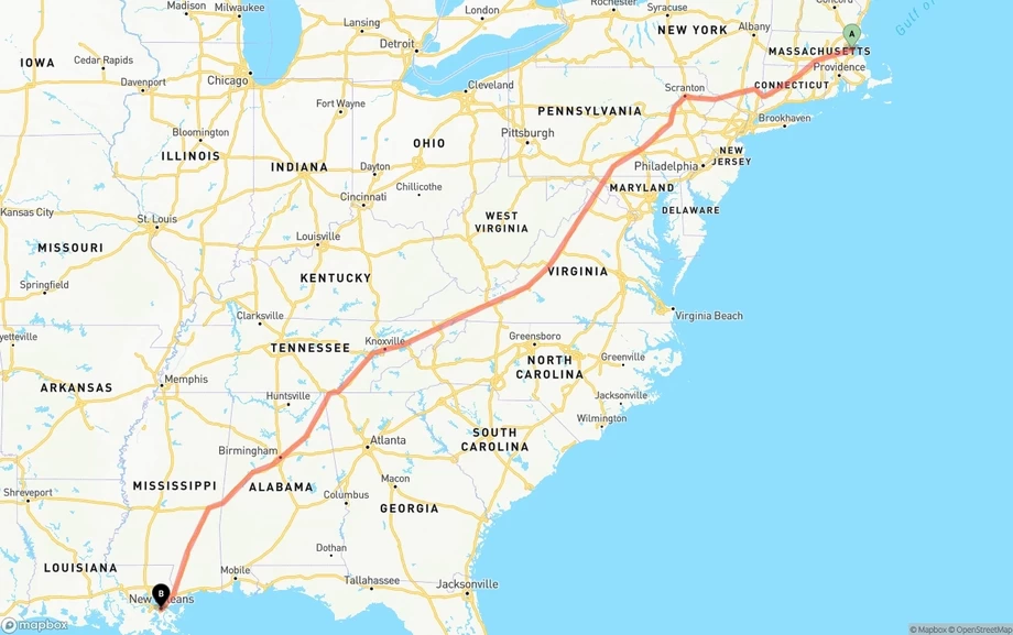 Boston to New Orleans freight shipping route map