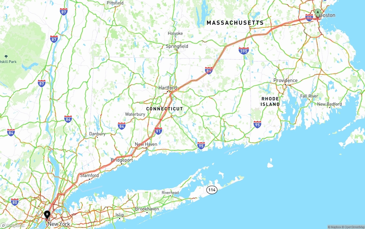 Shipping route from Boston to New York City