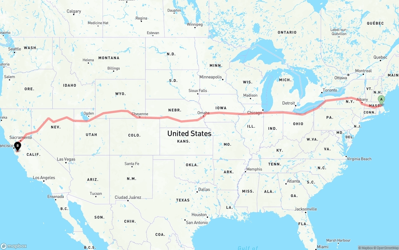 Shipping route from Boston to Norman Y. Mineta San Jose International Airport
