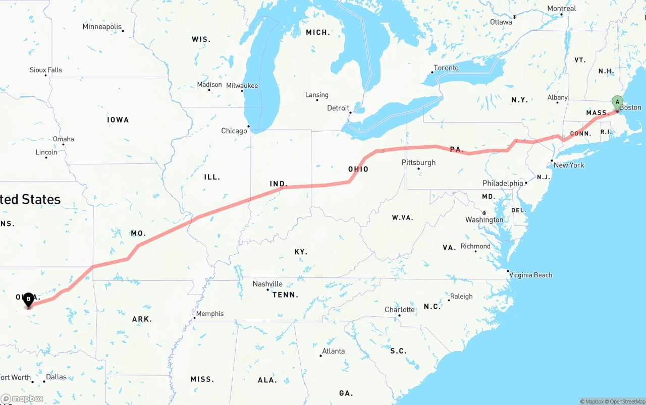 Shipping route from Boston to Oklahoma City