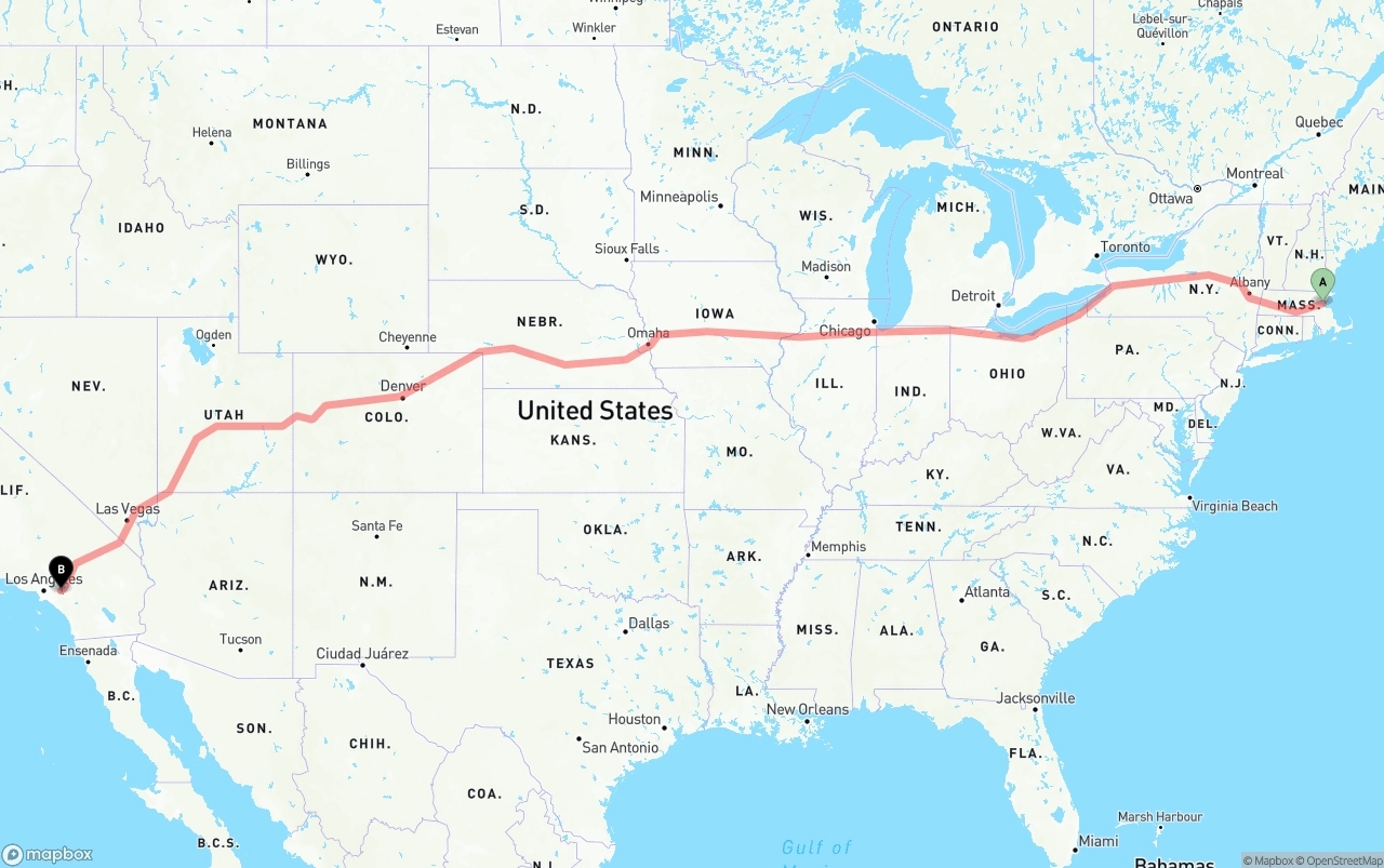 Shipping route from Boston to Ontario International Airport