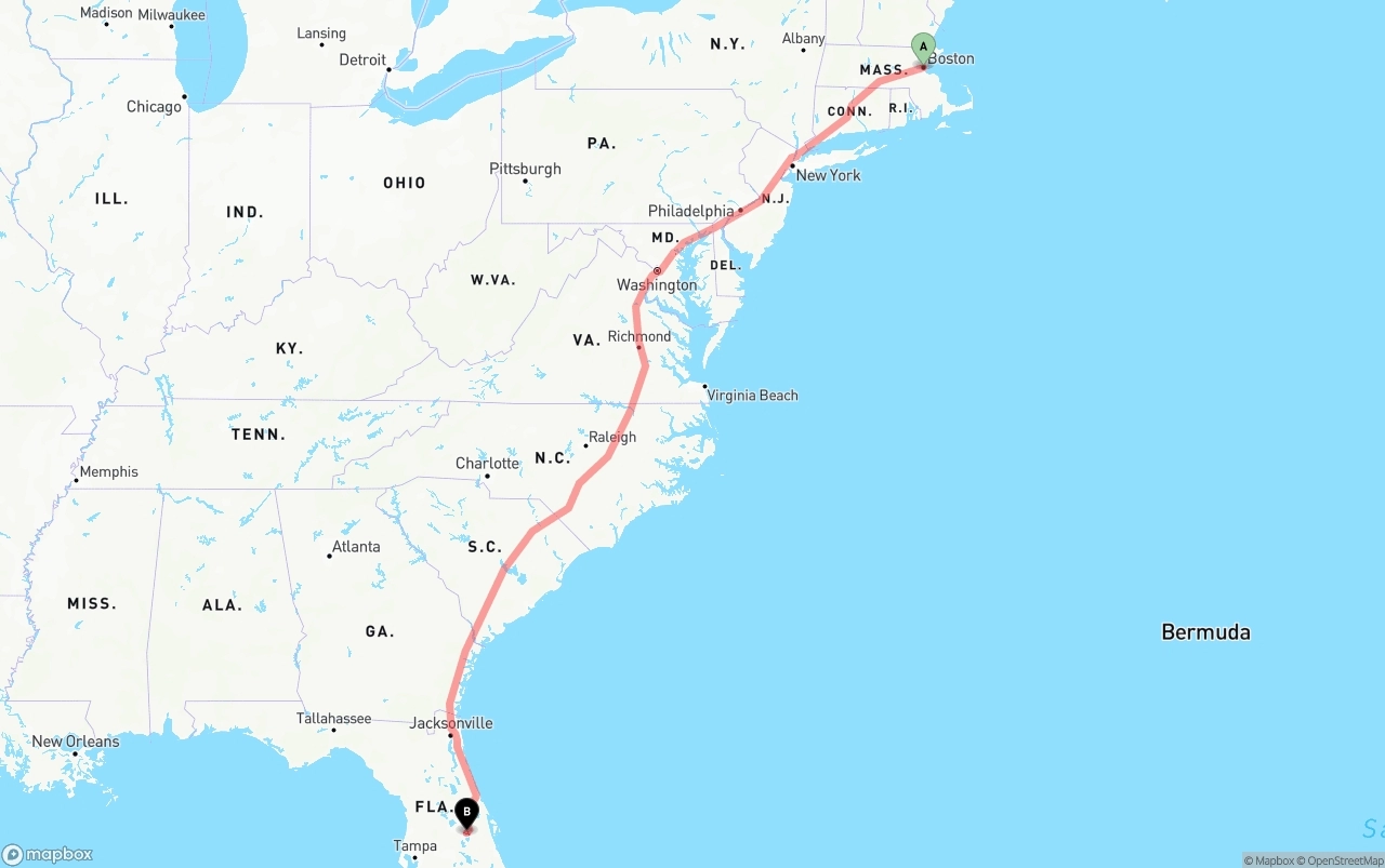 Shipping route from Boston to Orlando International Airport