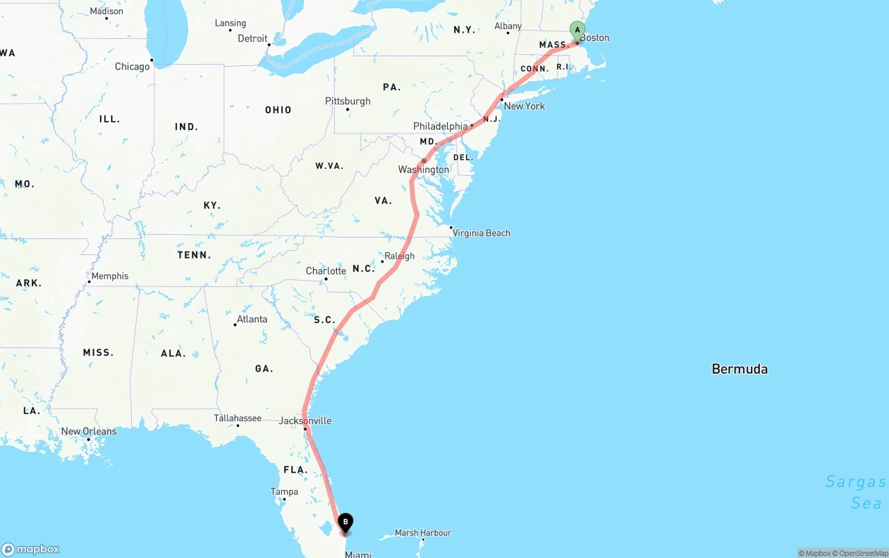 Shipping route from Boston to Palm Beach International Airport