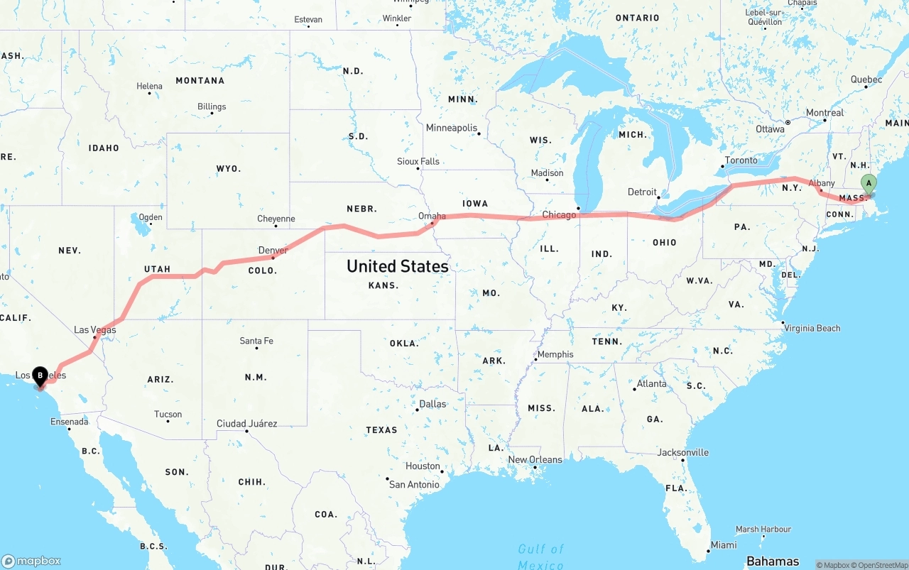 Shipping route from Boston to Port of Los Angeles