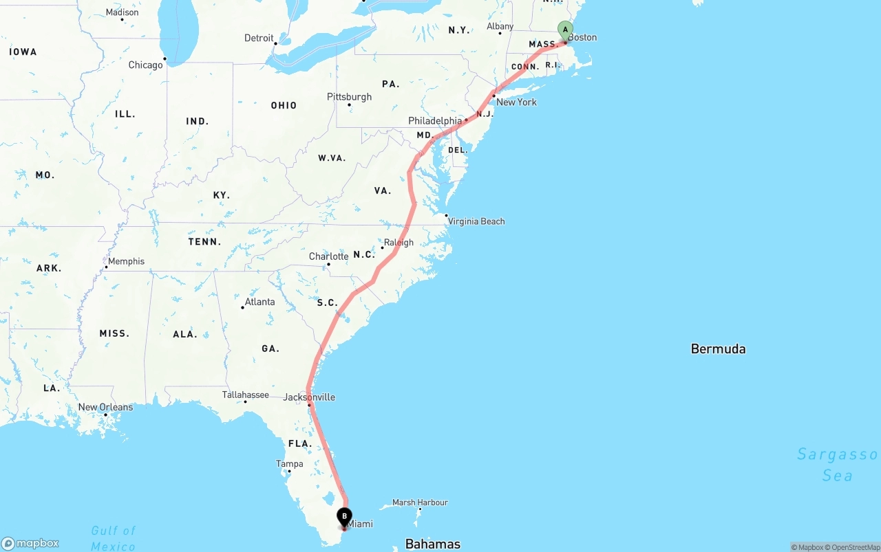Shipping route from Boston to Port of Miami