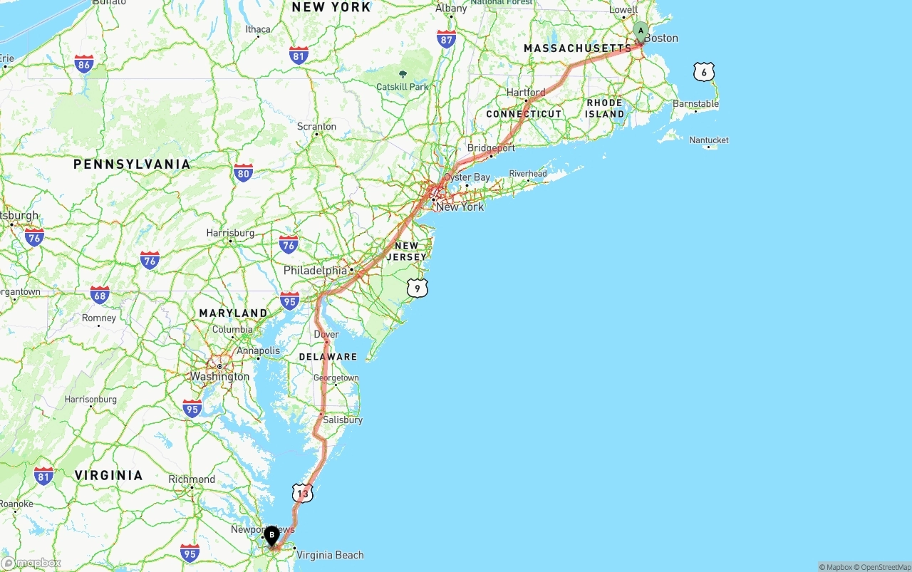 Shipping route from Boston to Port of Norfolk