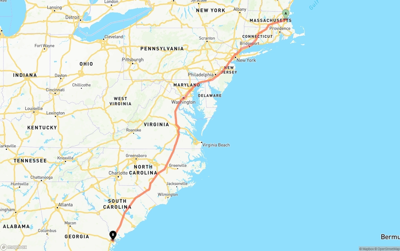 Shipping route from Boston to Port of Savannah
