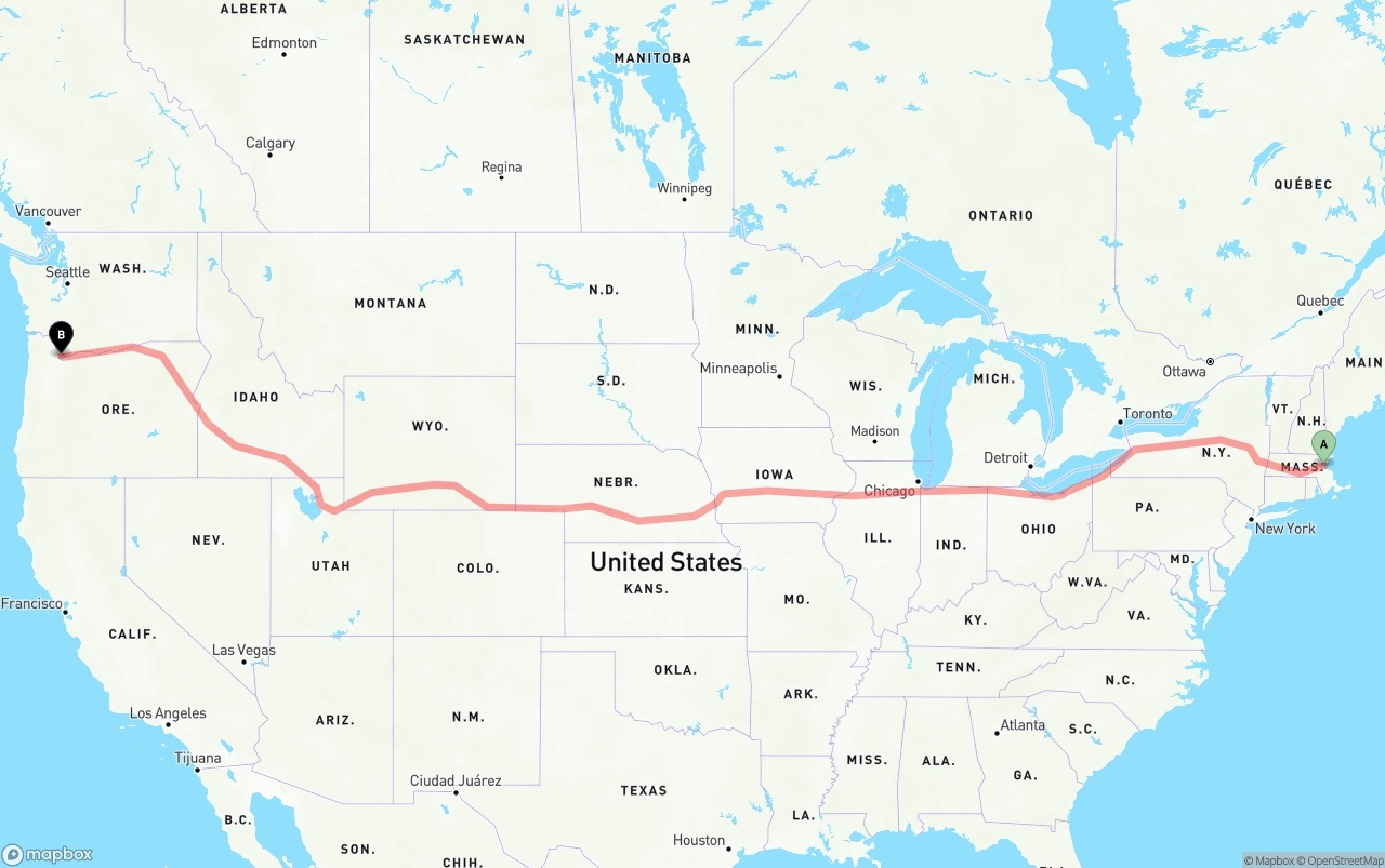 Shipping route from Boston to Portland International Airport