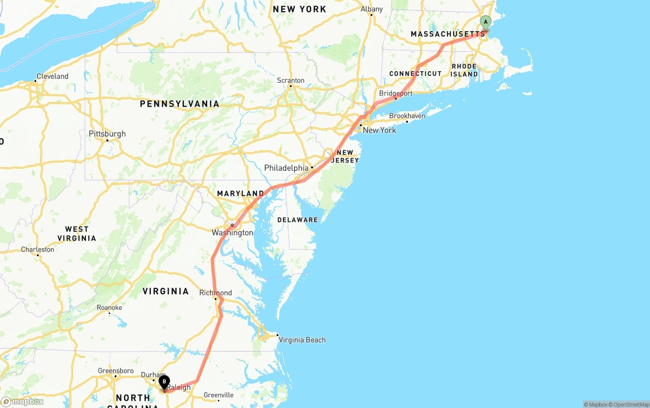 Shipping route from Boston to Raleigh