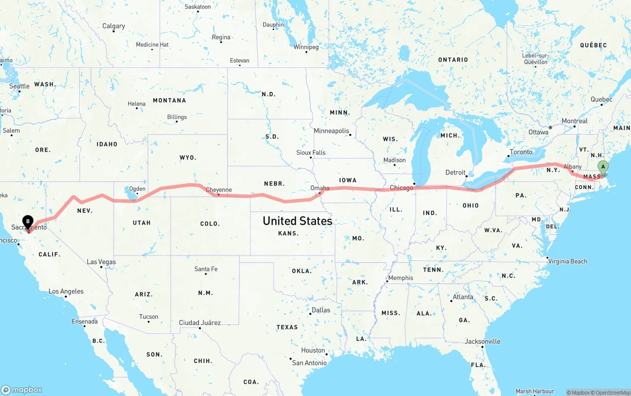 Shipping route from Boston to Sacramento International Airport