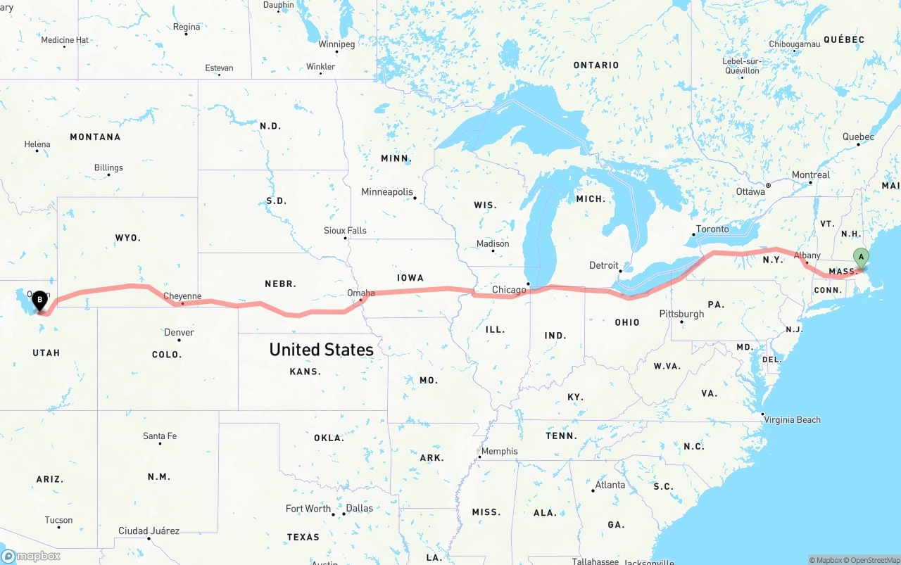 Shipping route from Boston to Salt Lake City