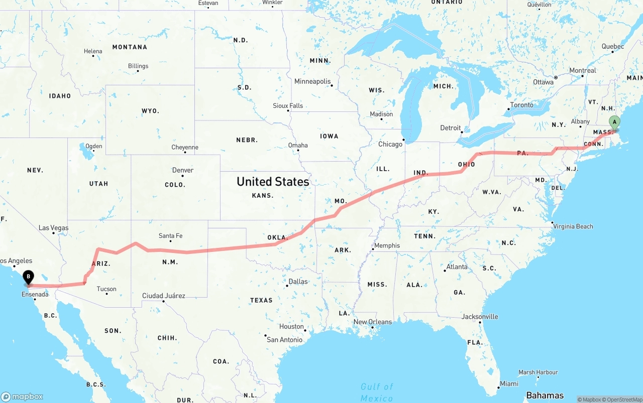 Shipping route from Boston to San Diego