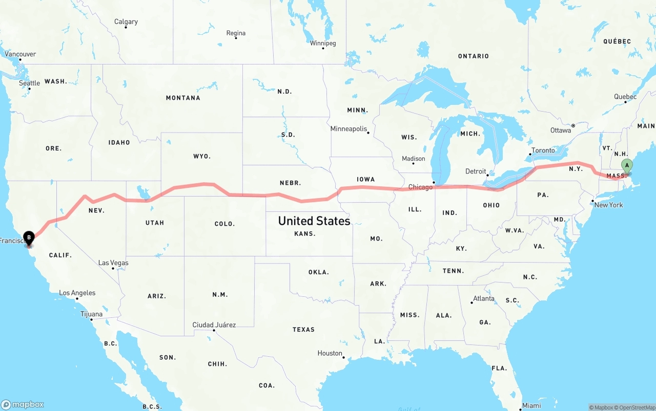 Shipping route from Boston to San Francisco International Airport