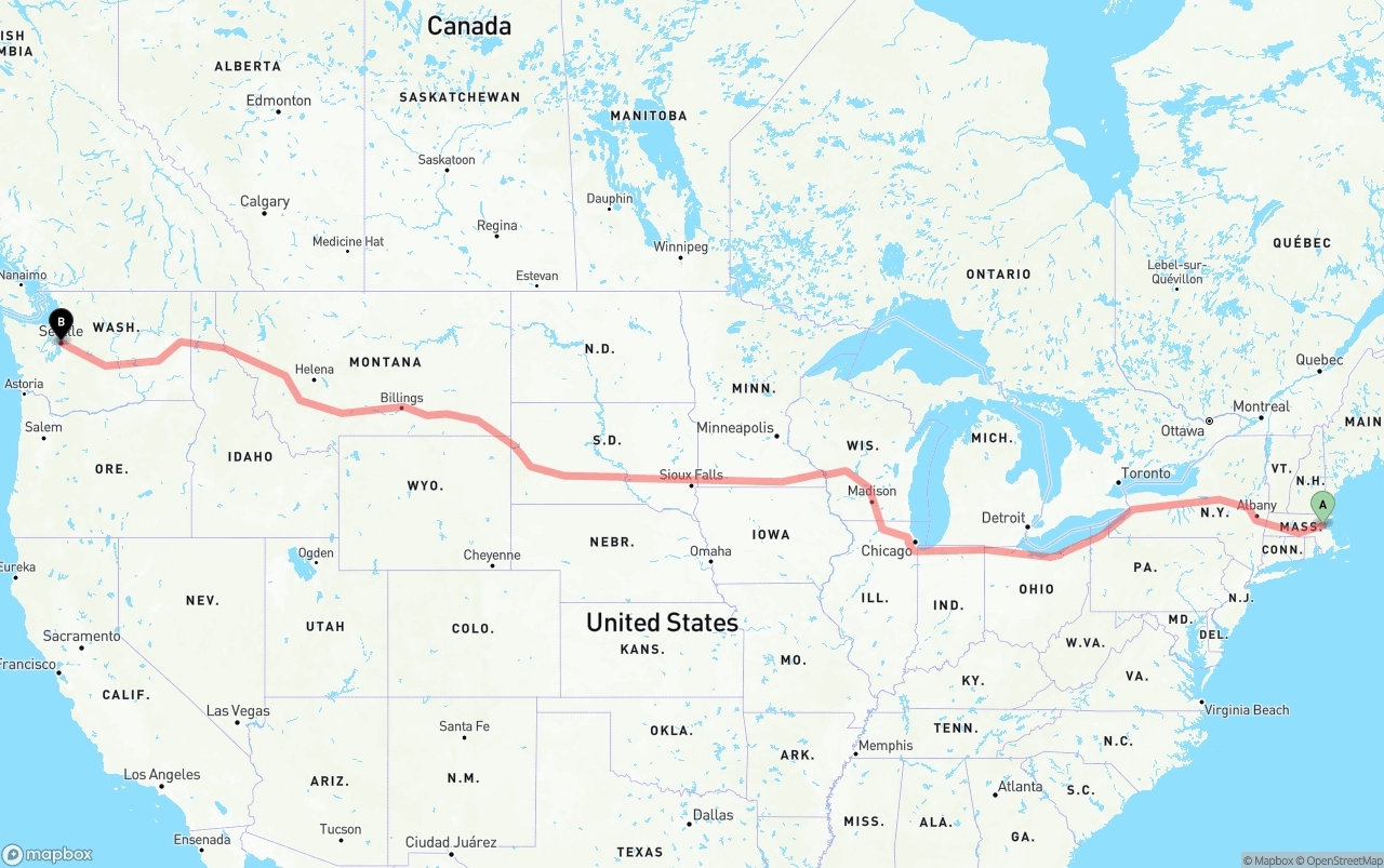 Shipping route from Boston to Seattle