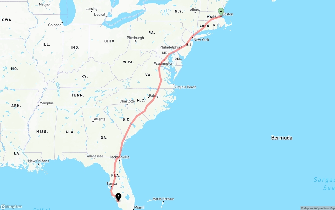 Shipping route from Boston to Southwest Florida International Airport