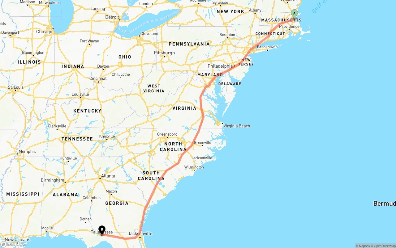 Shipping route from Boston to Tallahassee