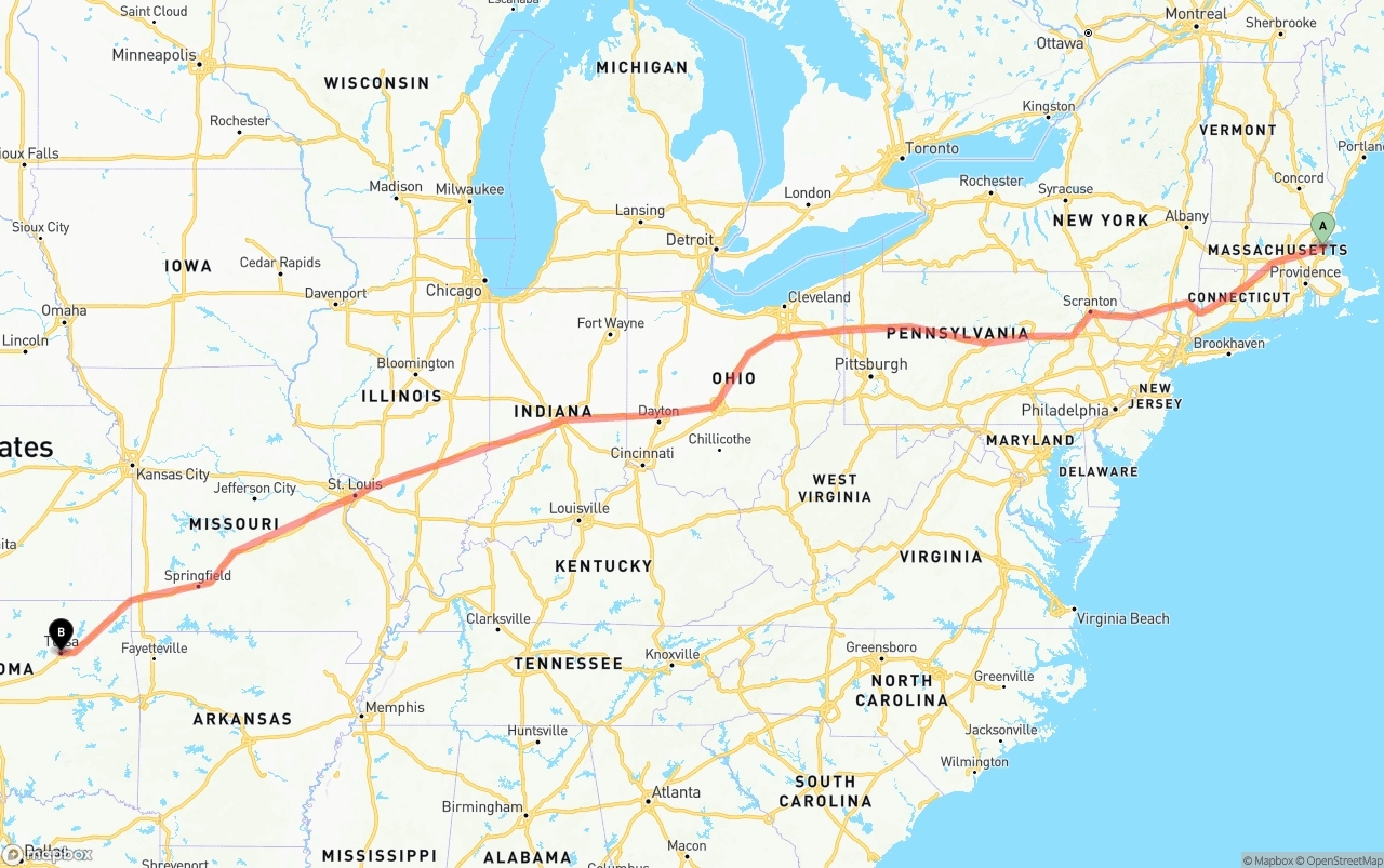 Shipping route from Boston to Tulsa