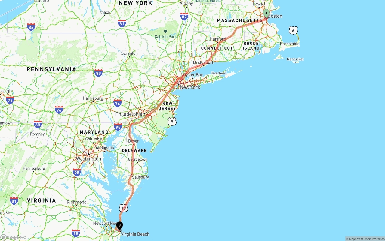 Shipping route from Boston to Virginia Beach