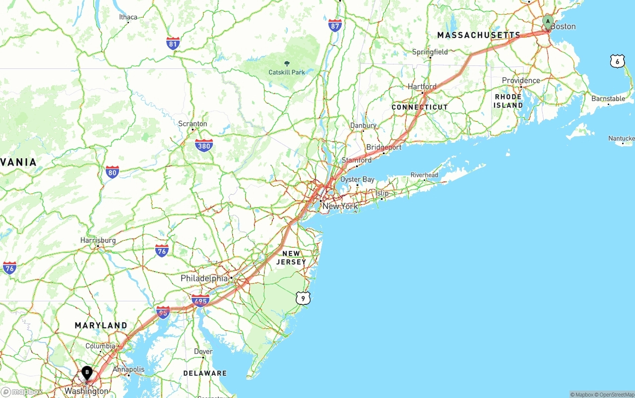 Shipping route from Boston to Washington D.C.