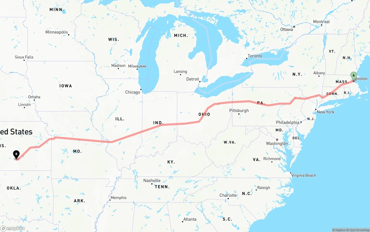 Shipping route from Boston to Wichita
