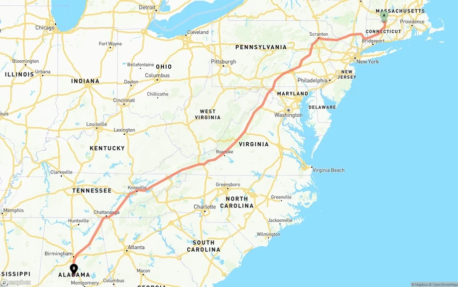 Bradley International Airport to Alabama freight shipping route map