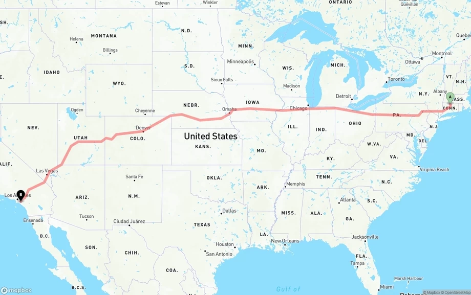 Bradley International Airport to Anaheim freight shipping route map