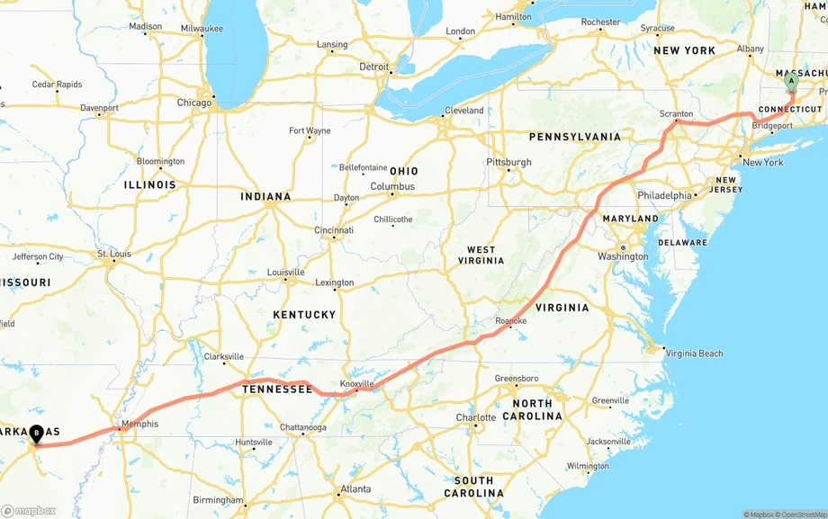 Bradley International Airport to Arkansas freight shipping route map