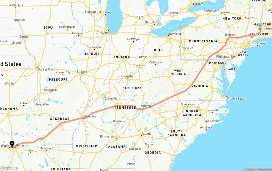 Bradley International Airport to Arlington freight shipping route map