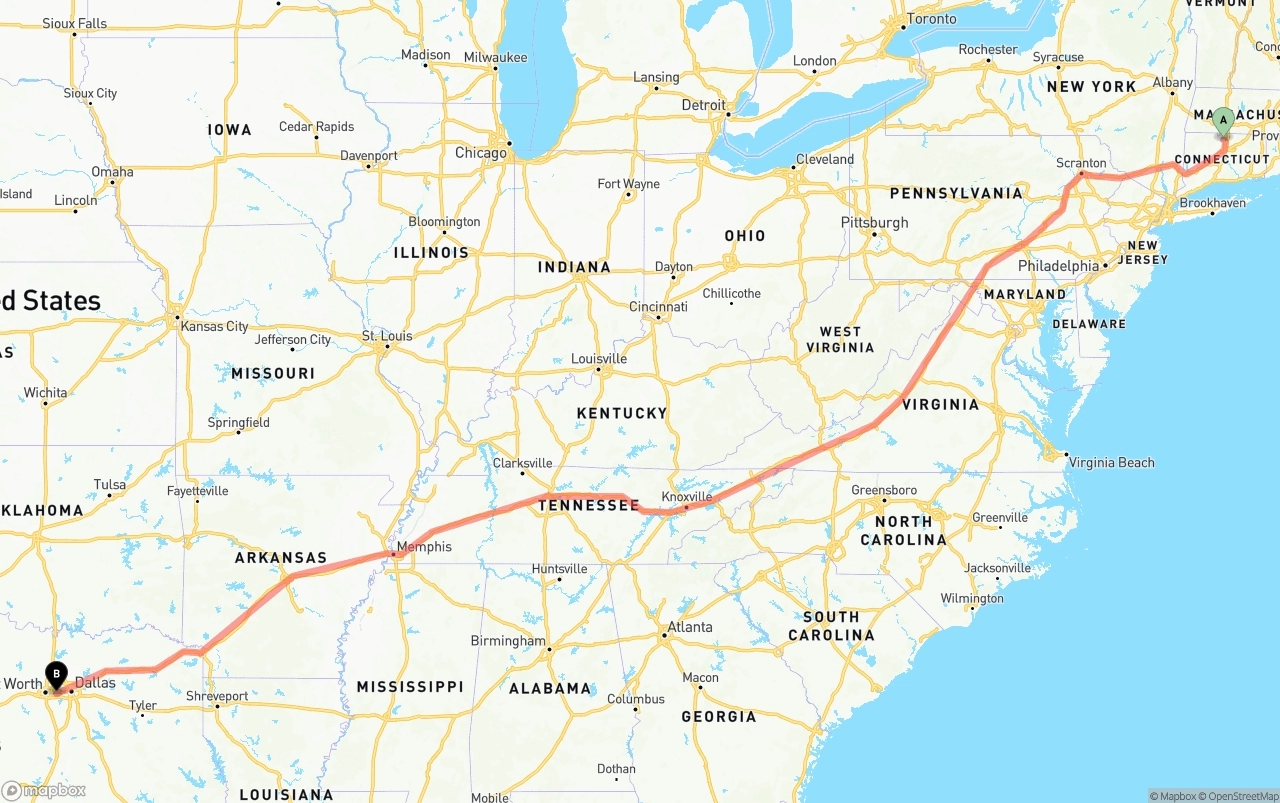 Shipping route from Bradley International Airport to Arlington