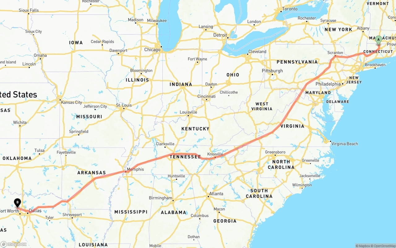 Shipping route from Bradley International Airport to Aurora
