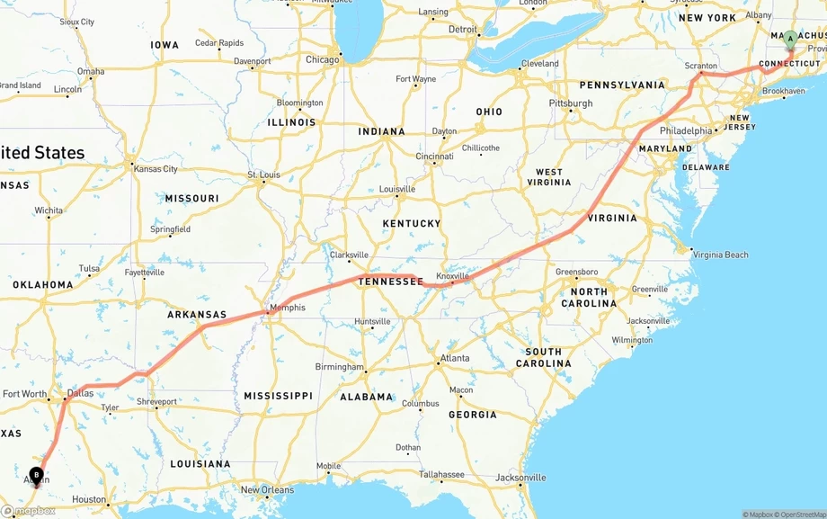 Bradley International Airport to Austin freight shipping route map