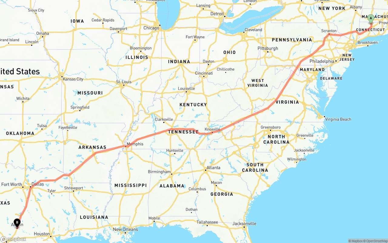 Shipping route from Bradley International Airport to Austin