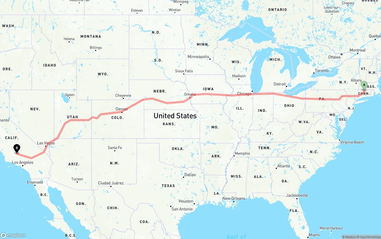 Shipping route from Bradley International Airport to Bakersfield