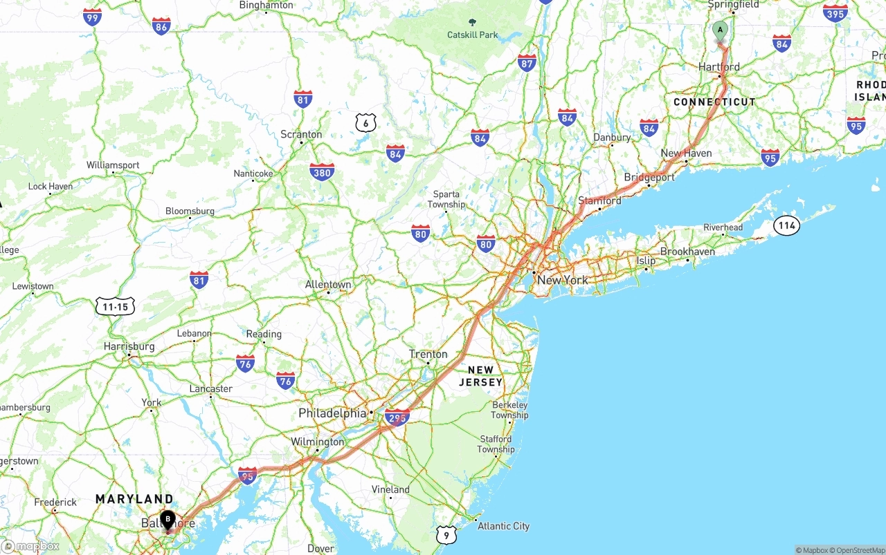 Shipping route from Bradley International Airport to Baltimore