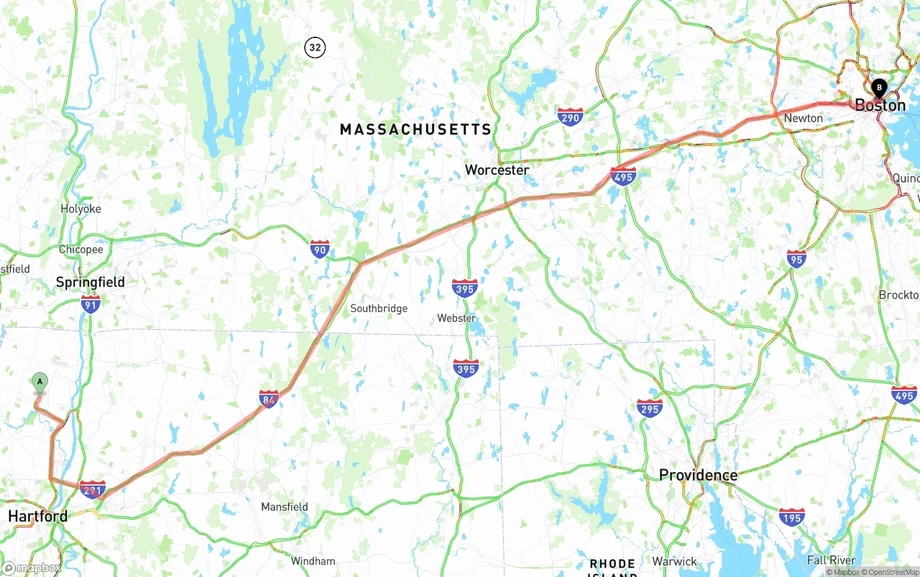 Bradley International Airport to Boston freight shipping route map