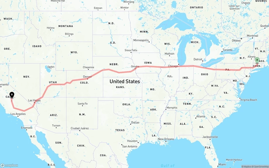 Bradley International Airport to California freight shipping route map