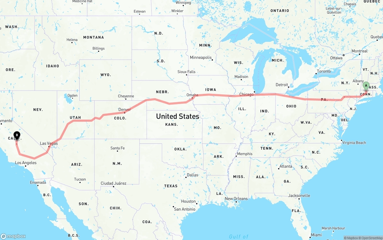 Shipping route from Bradley International Airport to California