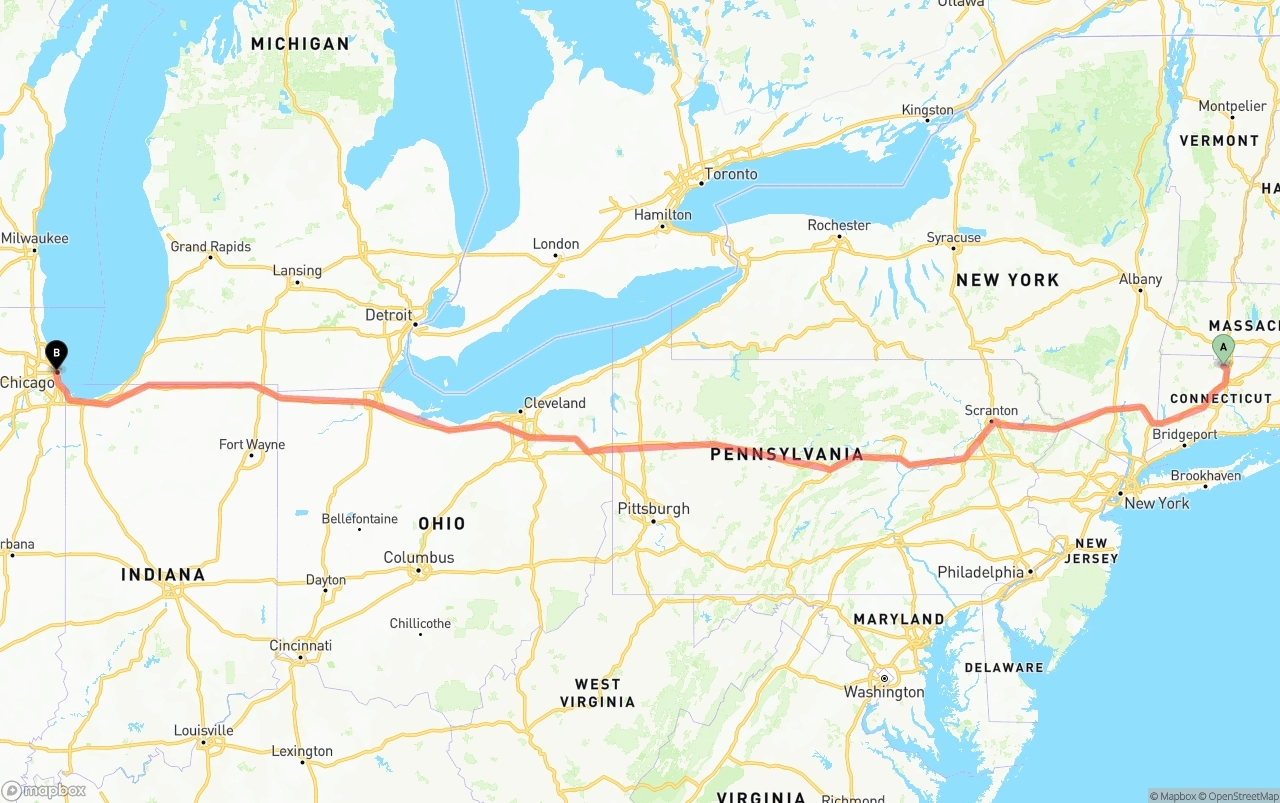 Shipping route from Bradley International Airport to Chicago