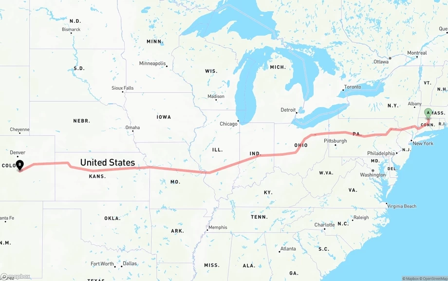Bradley International Airport to Colorado Springs freight shipping route map