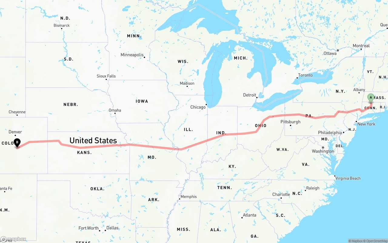 Shipping route from Bradley International Airport to Colorado Springs