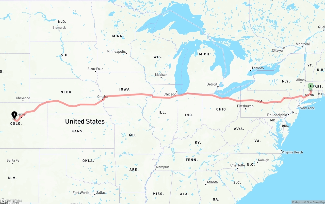 Shipping route from Bradley International Airport to Colorado