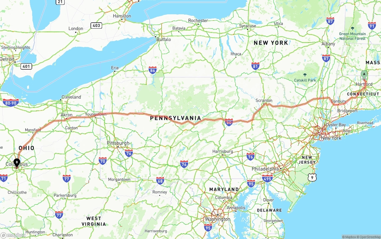 Shipping route from Bradley International Airport to Columbus