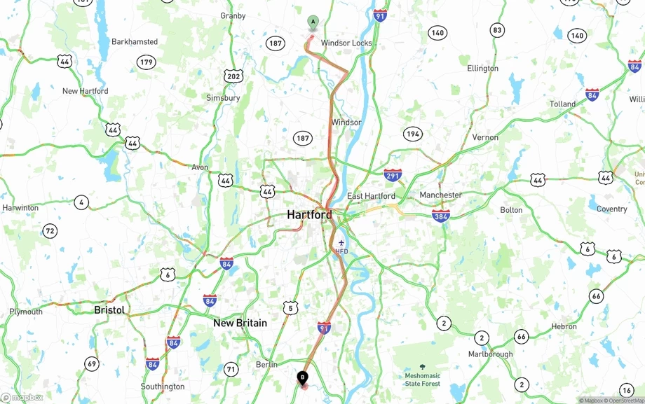 Bradley International Airport to Connecticut freight shipping route map