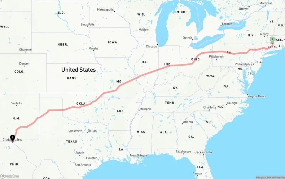 Bradley International Airport to El Paso freight shipping route map