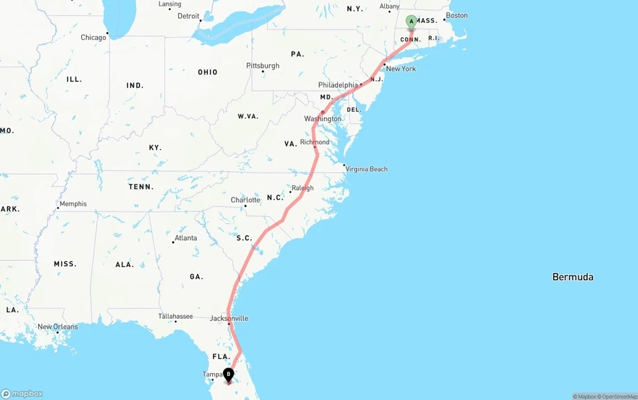 Bradley International Airport to Florida freight shipping route map