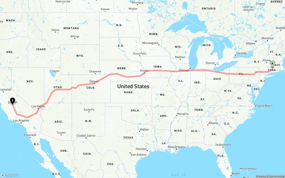 Bradley International Airport to Fresno freight shipping route map