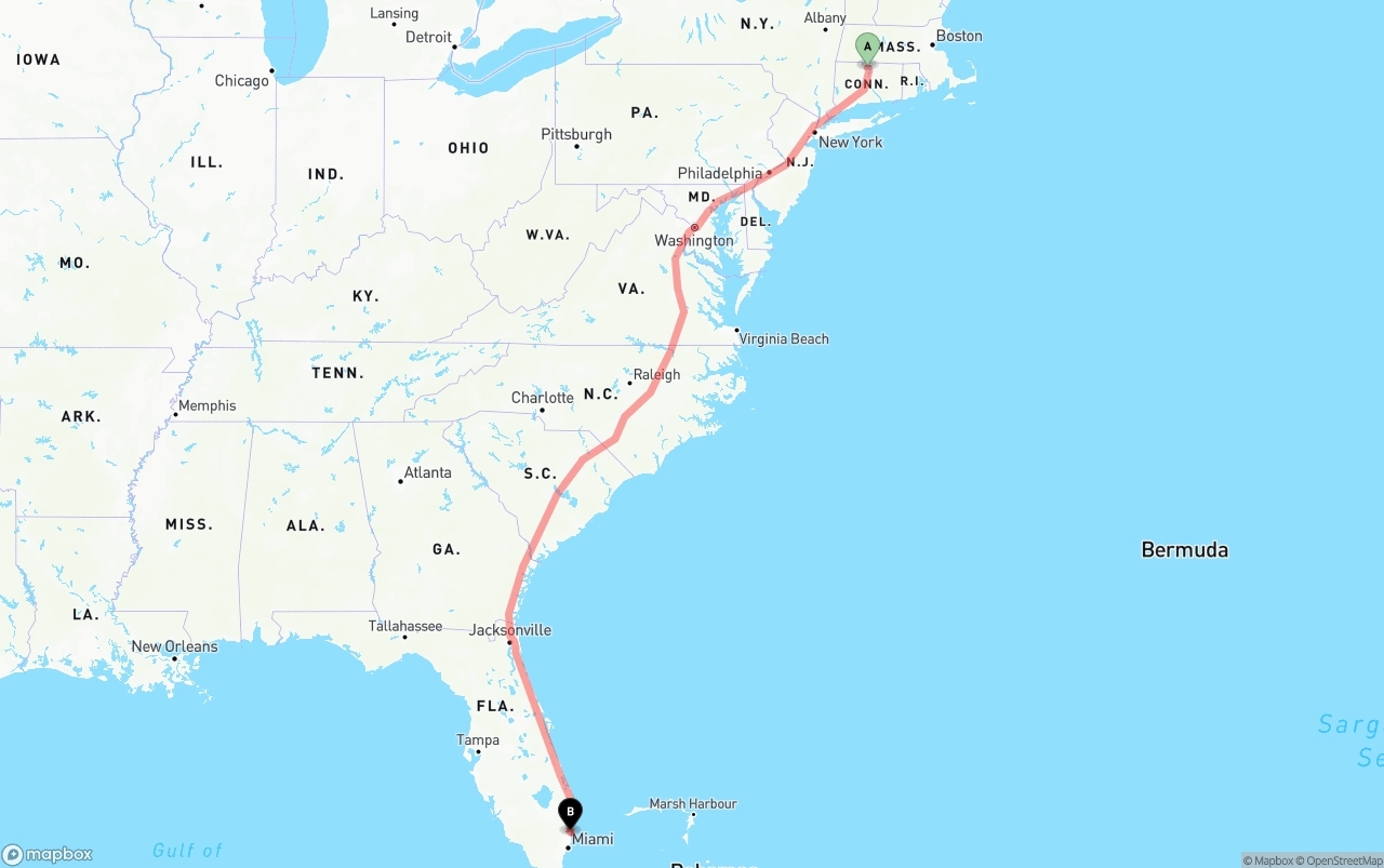 Shipping route from Bradley International Airport to Ft. Lauderdale