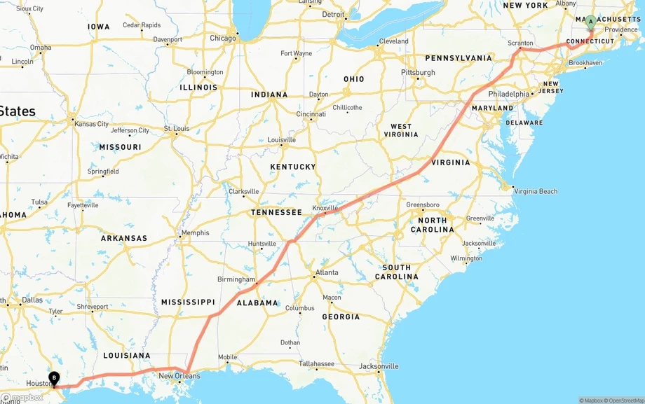 Bradley International Airport to Houston freight shipping route map