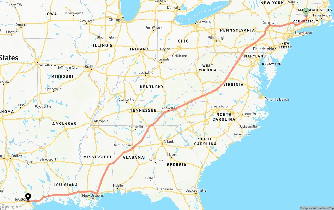 Shipping route from Bradley International Airport to Houston